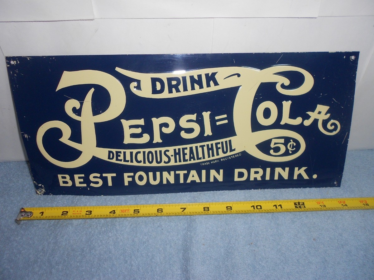 VINTAGE 14x6 in DRINK PEPSI-COLA 5c ADV. SIGN EMBOSSED TIN METAL