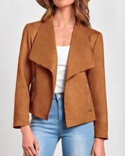 Pretty Garden Chick Faux Suede Draped Open Front Jacket Rust Orange, Zip Pocke