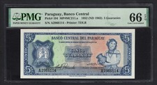 Paraguay 5 Guaranies 1952(ND1963) P194 Uncirculated Grade 66 Top Pop