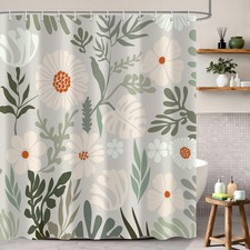 Cute Green Floral Shower Curtain, Mid Century Modern Abstract Boho Beige Oran...