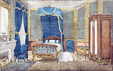 HAUSSMANNIAN APARTMENT: SLEEPING BEDROOM with POSTER BED - 19th century engraving