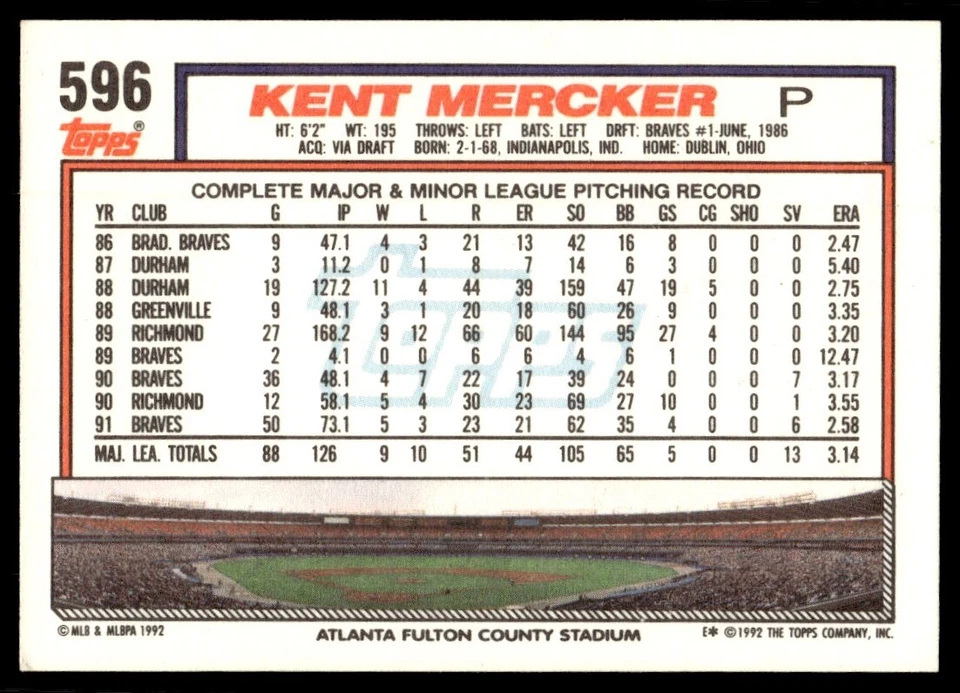 1992 Topps Kent Mercker Atlanta Braves #596 - Image 2 of 2