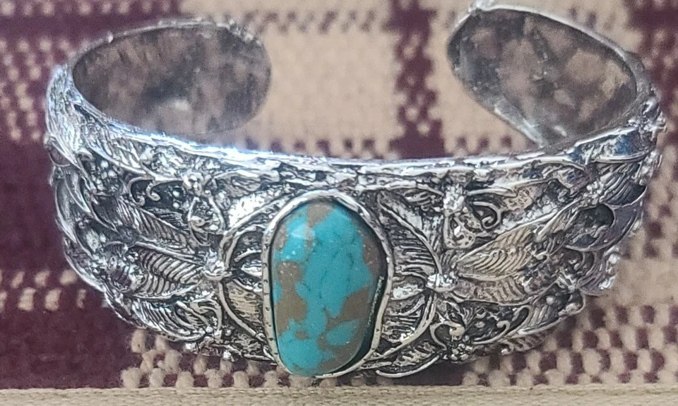 Brazalete Brazalete Plata Tibetana ~ Turquesa y Piedra Marrón ~ Diseño Hoja Brazalete Ancho Foto 2 de 4