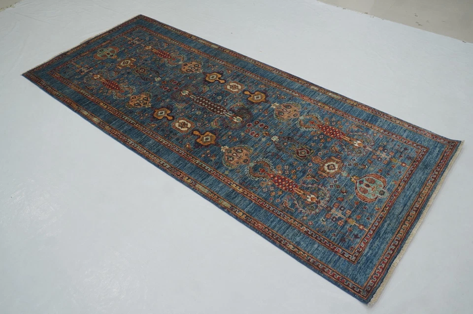 4 x 8 ft Blue Waziri Oriental Afghan Hand knotted Transitional Wide Runner Rug - Image 3 of 4