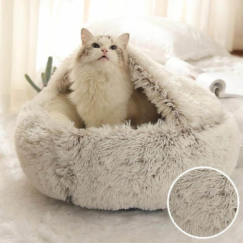 Winter Long Plush Pet Cat Bed Round Cat Cushion Cat House 2 In 1