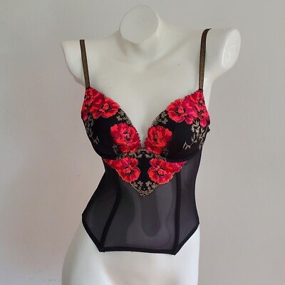 Victoria Secret Bustier Top 34B Black Floral Embroidered Mesh Dark Fairy Witchy