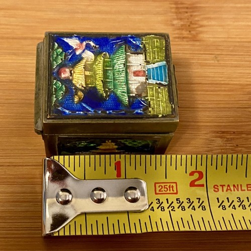 Antique Chinese Cloisonne Enamel Brass Floral Mini Stamp Trinket Box 1.5" - Picture 8 of 9
