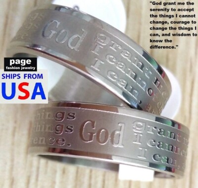 Polished Etched English The Serenity Prayer Stainless Steel Ring Size 7.5-12.5