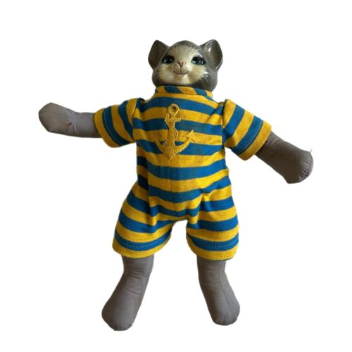 Vintage Porcelain Head Posable Kitty Cat Hand Painted Striped Sailor Plush Body - Picture 3 of 11