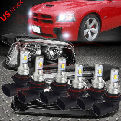 For Dodge Charger 2006 2007-2009 - 6x 6000K LED Headlights Hi/Lo Bulb+Fog  Lights