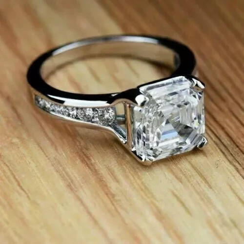 3Ct Asscher Cut Lab Created Diamond Womens Engagement Ring 14K White Gold Plated - 第 2/8 張圖片