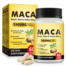 Organic Maca Root Black, Red, Yellow 1900 MG per Serving - 60 Vegan Capsules Pe