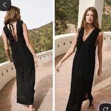 Free People Black Agatha Crinkle Cotton Side Slit Midi Maxi Dress
