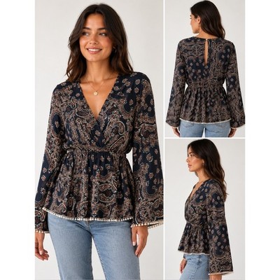 Boho Paisley Bell Sleeve Peplum Top w/ Pom Pom Trim- Cottagecore Medium