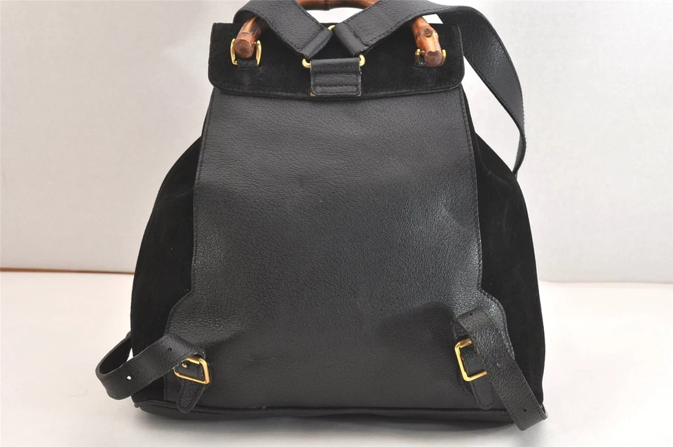 Auténtica Mochila GUCCI Bambú Vintage con Cordón Gamuza Cuero Negra 4056N Foto 3 de 4