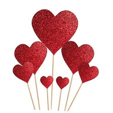 35 pcs Glitter Red Heart Cake Toppers Picks for Sweet Love Theme Wedding