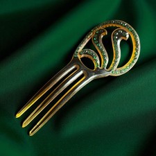 1900 1920 Art Deco Art Nouveau Celluloid Hair Fan Comb Green Stones Ornate