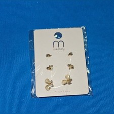 3 Pairs Elegant Gold Toned Dainty Rhinestone Butterfly Stud Earrings BNIB