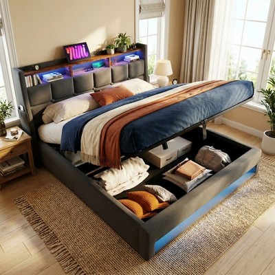 Queen Platform Bed w/ Hydraulic Storage, LED Lights & Charging Station, Grey