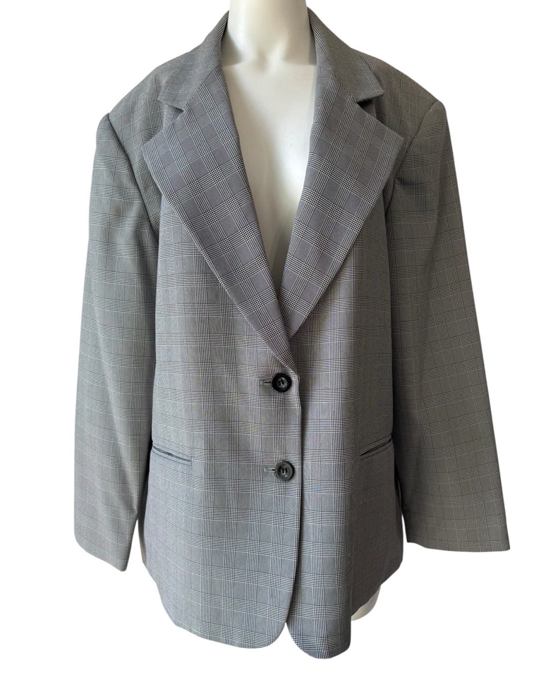 Chaqueta Blazer De Colección Glen a Cuadros Para Mujer 18W Negra Blanca Negocios Dos Botones Foto 3 de 4