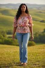 Cato Womens Size 18/20W Top Sheer Ruffle Multi Smocked Waist Peasant Boho Blouse