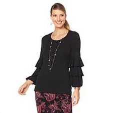 Slinky Brand Black Tiered Blouson-Sleeve Ruffle Knit Tunic Top New