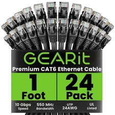 GEARit Cat 6 Ethernet Cable (24-Pack 1 Foot) Cat6 Network 1 1 Foot, Black