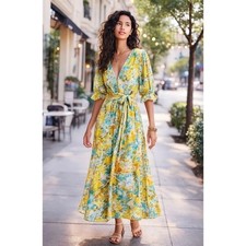 Faithfull the Brand Rafa Midi Dress Annina Floral Yellow Blue Size 6  NWT
