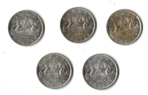 Lot of five (5) uncirculated 1966 Canadian 80% silver dollars