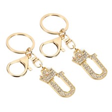 Initial Letter Keychain, 2 Pcs Letter U Crown Design Charm, Gold Tone