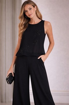 After Dark Black Sleeveless Chiffon Beaded Embroidered Floral Blouse Size xl