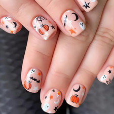 Halloween Press on Nails Short Acrylic Fake Nails with Bat Pumpkin Ghost Design