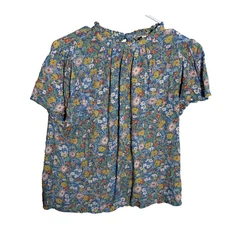 Cynthia Rowley Blouse Women's Medium Floral Pleated Short Sleeve Ruffle Shirt