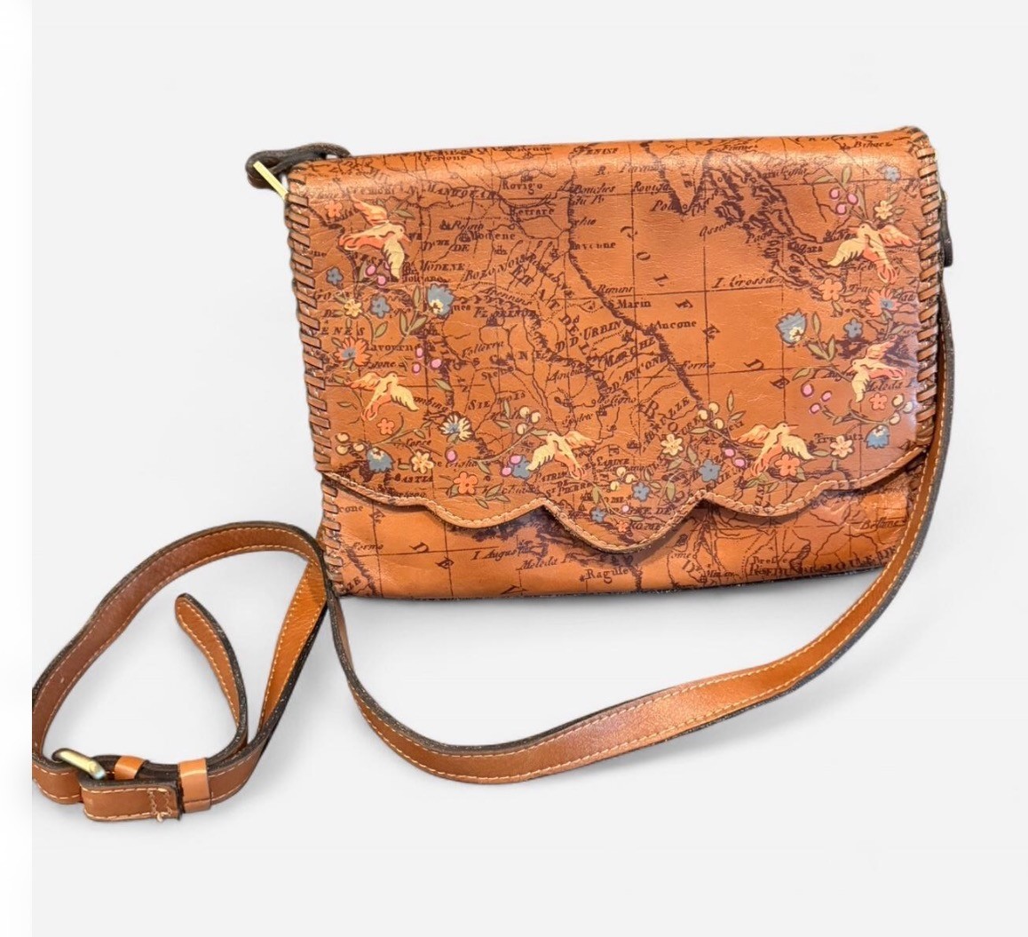 Patricia Nash Leather Map Print Floral Bird Scalloped Flap Whipstitch Brown