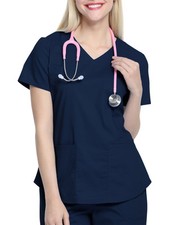Scrubstar Women's Core Essentials SMALL V-Neck Scrub Top Rounded Hem Indigo Blue