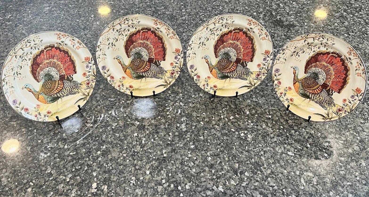 Pottery Barn Botanical Harvest Turkey Stoneware Dinner Plates Set/4 Thanksgiving
