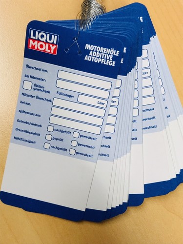 10x LIQUI MOLY Ölwechselanhänger, Ölwechselzettel, Inspektionszettel Ölzettel - Afbeelding 1 van 3