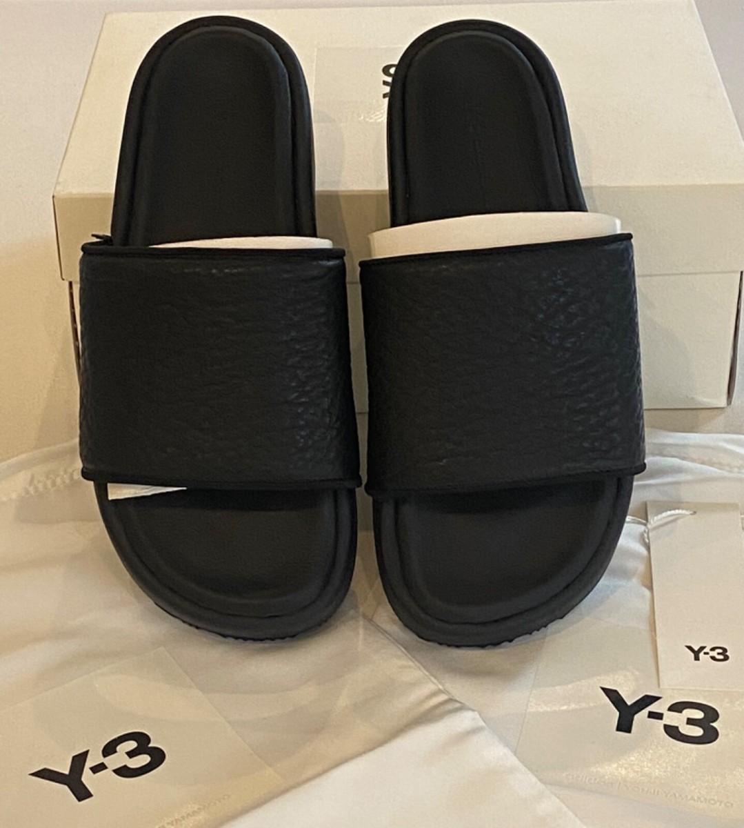 ADIDAS Y-3 LEATHER SLIDES TRIPLE BLACK HR1940 SHOES Y3 GENUINE NIB