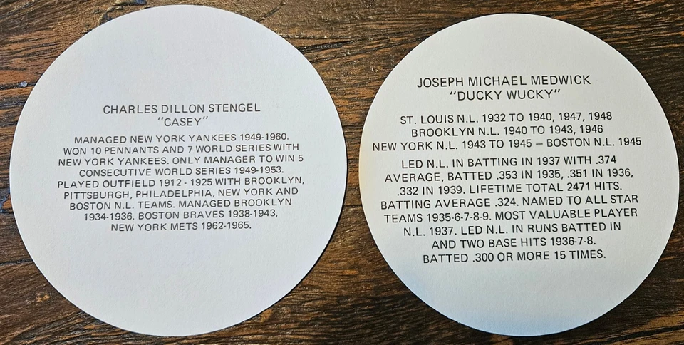 Tarjetas promocionales de béisbol Casey Stengel/Joe Medwick antiguas de colección nuevas de stock Foto 2 de 2