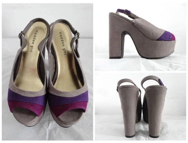 MADDEN GIRL Gray Purple Pink Color Block High Heel Pump Platform Sandals Sz 7 37