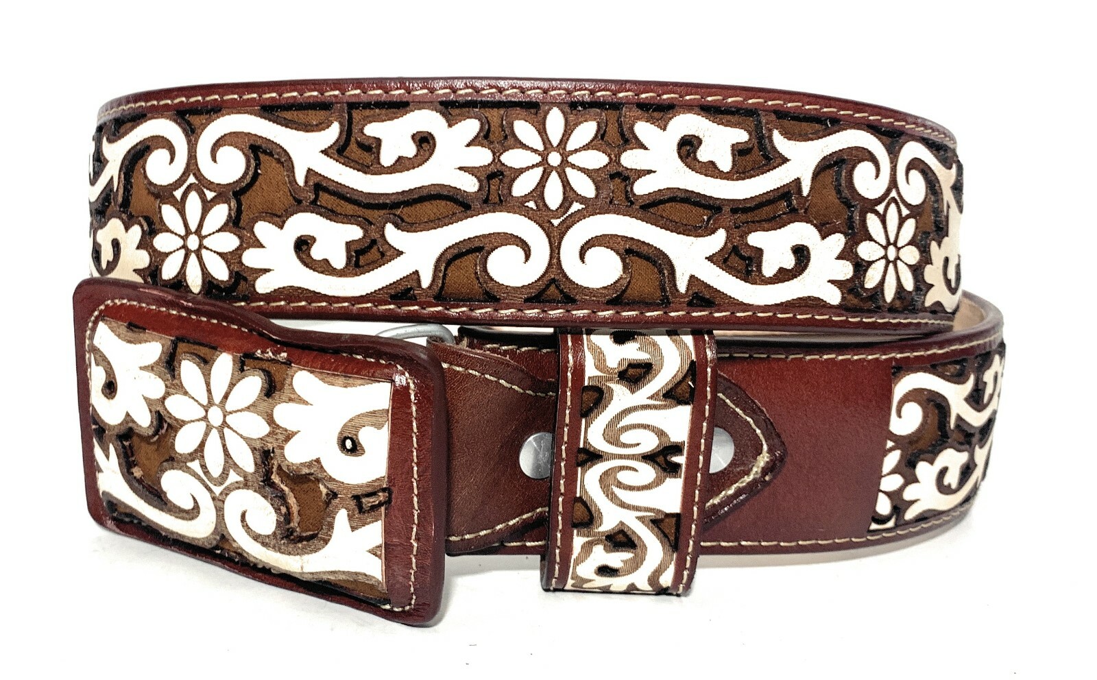 MEN'S WESTERN LEATHER BELT. BROWN COWBOY RODEO BELT. CINTO CHARRO VAQUERO LASER