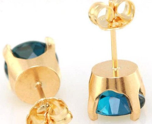 Natural London Blue Topaz 14K Solid Gold Stud Earrings. Blue Diamond Alternative - Picture 5 of 5