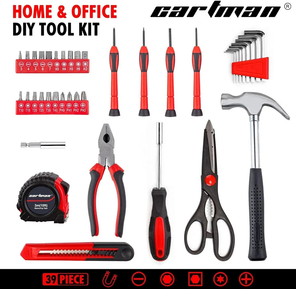 CARTMAN 39piece Tool Set General Household Kit with Plastic Toolbox Red - Image 4 of 4