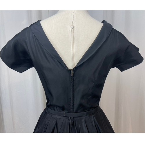 Vintage RAPPI 50s Black Taffeta Belted Cocktail Dress Womens (M) Gown Goth Midi - Picture 7 of 10