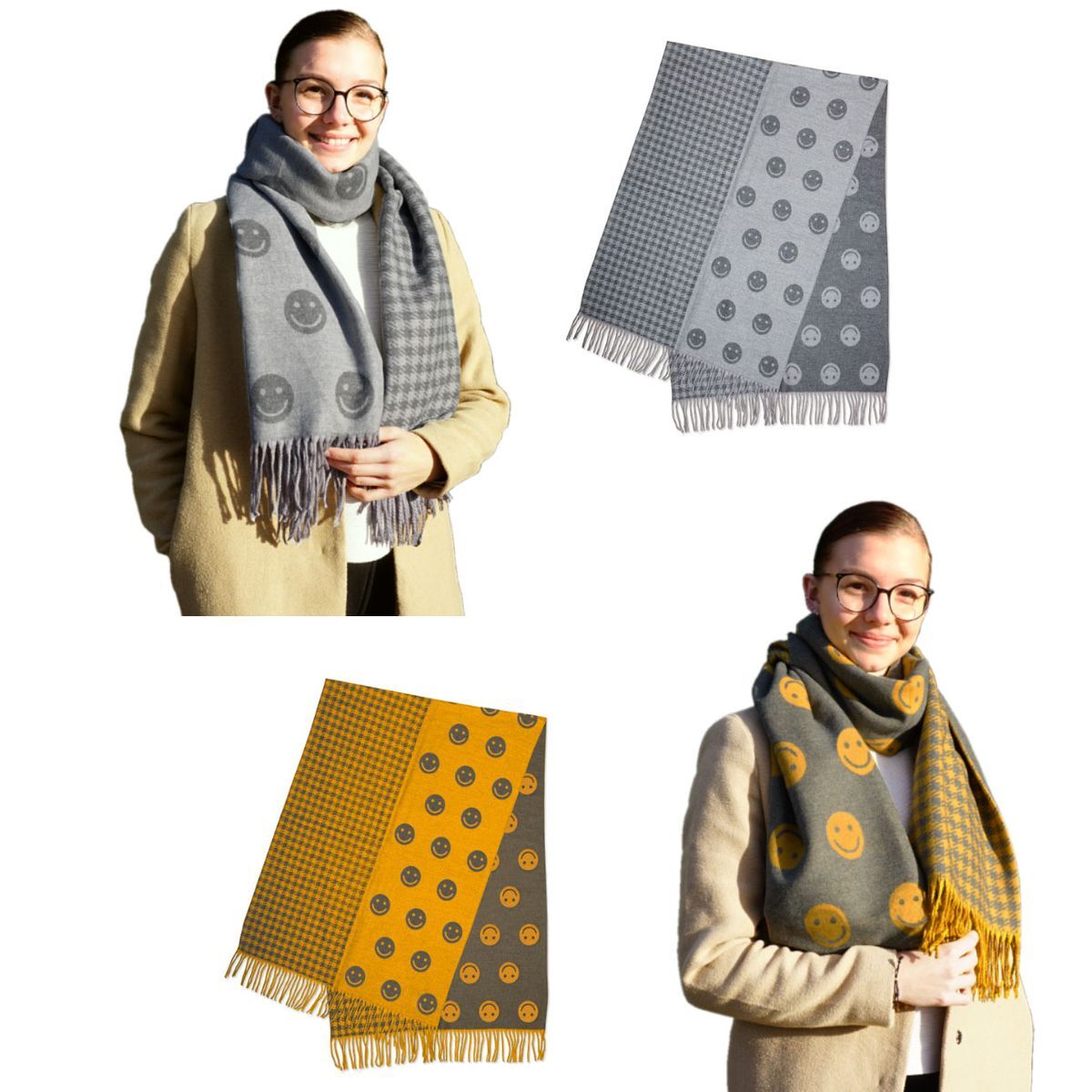 Bufanda Invierno Suave Cálida para Cuello Geométrica Con Flecos Gris Senfgelb