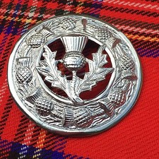 CC Celtic Brooch Chrome Finish 3"/Kilt Fly Plaid Pin Brooch Thistle Crest Emblem