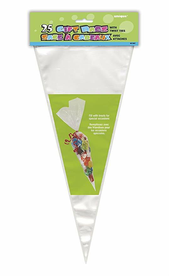 Unique Clear Cone Shaped Cellophane Sweet and Goody Bags + Silver Twist Ties
