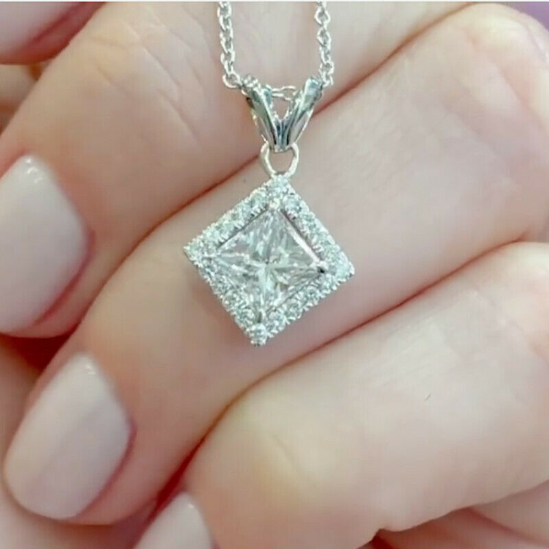 Ct Princess Cut Moissanite Halo Style Dainty Chain Pendant 925