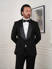 Men's Premium Tuxedo Groom Suit Slim Fit Satin Peak Lapel Single Breast