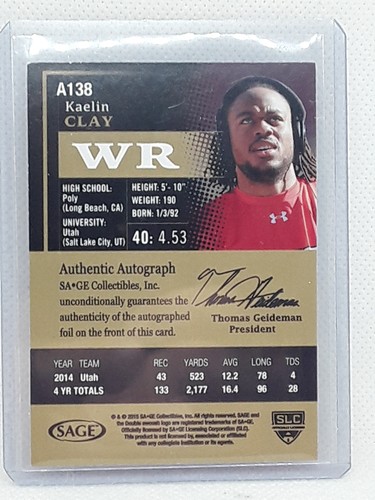 Kaelin Clay 2015 SAGE HIT - Autographs Red AUTO #A138 - Utah Utes - Picture 2 of 2